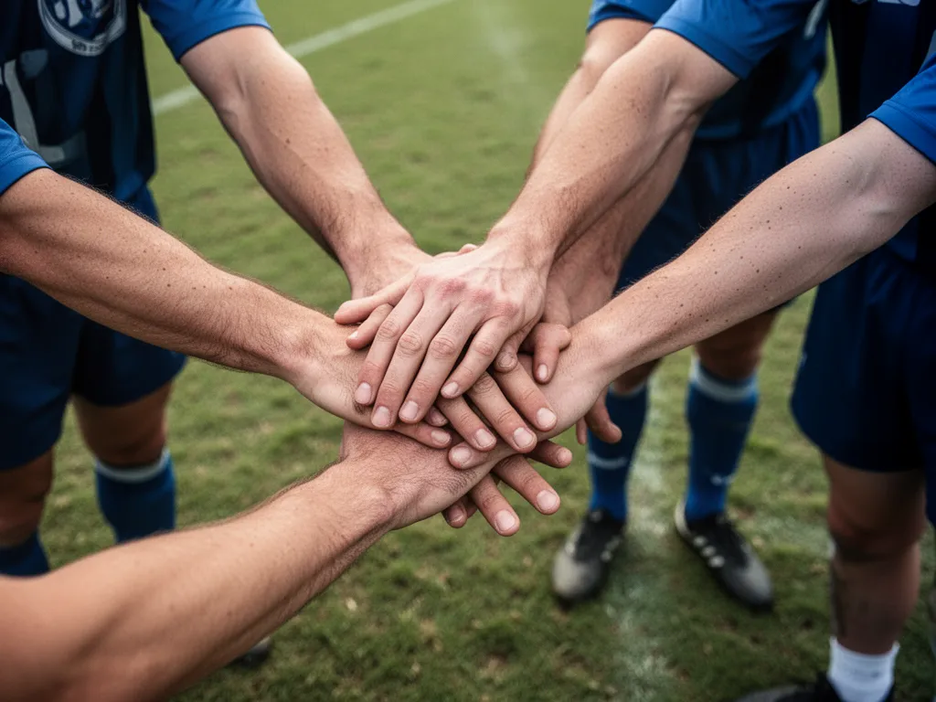 Team members' hands joined together showing unity, trust, and camaraderie on outdoor field