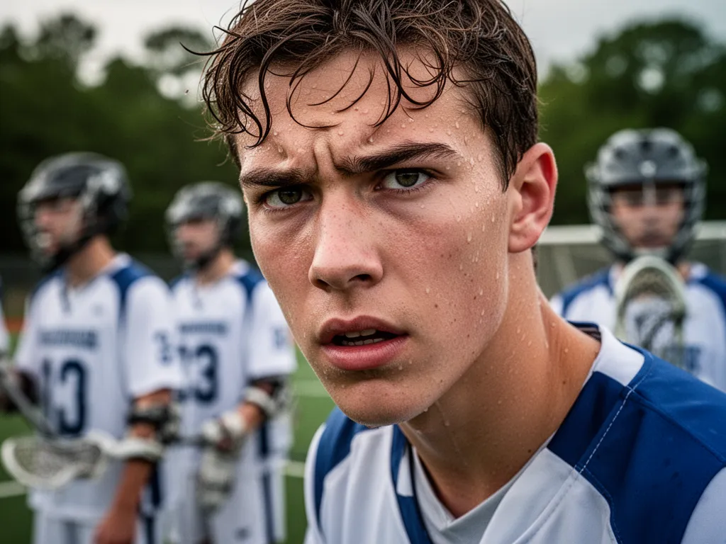 [Young lacrosse player showing intense determination and focus during competitive outdoor sporting moment]
