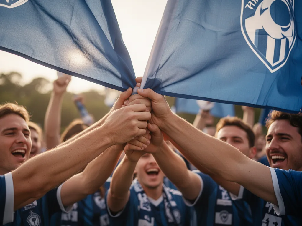 Hands joined together holding up a team flag in celebration with supporters gathered around