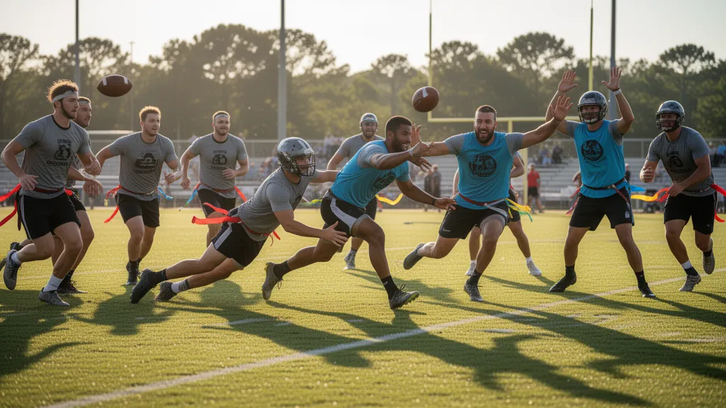 Flag football players in action diving across a sunlit field during competitive play