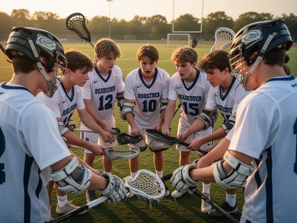 Young lacrosse team members gathered in huddle showing team spirit and athletic determination