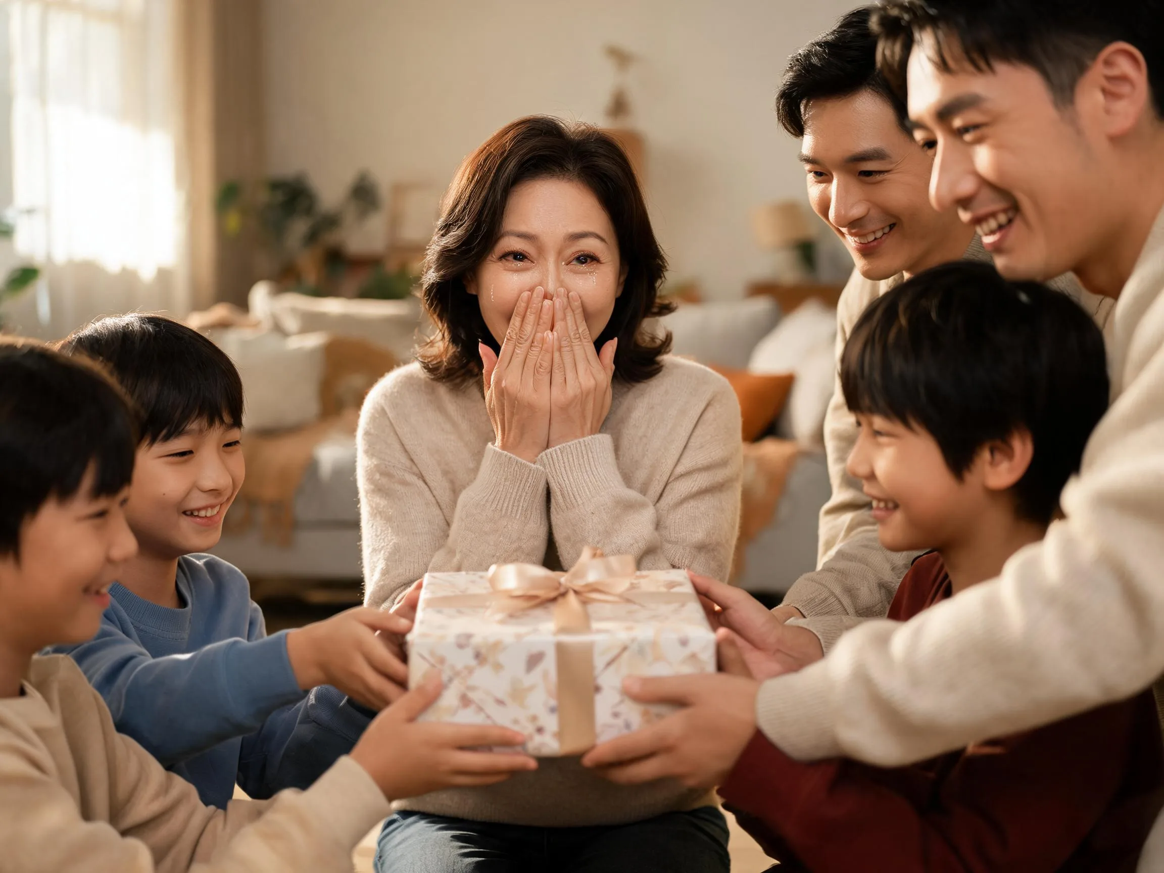 Team mom smiling with joyful surprise while unwrapping a heartfelt group gift.