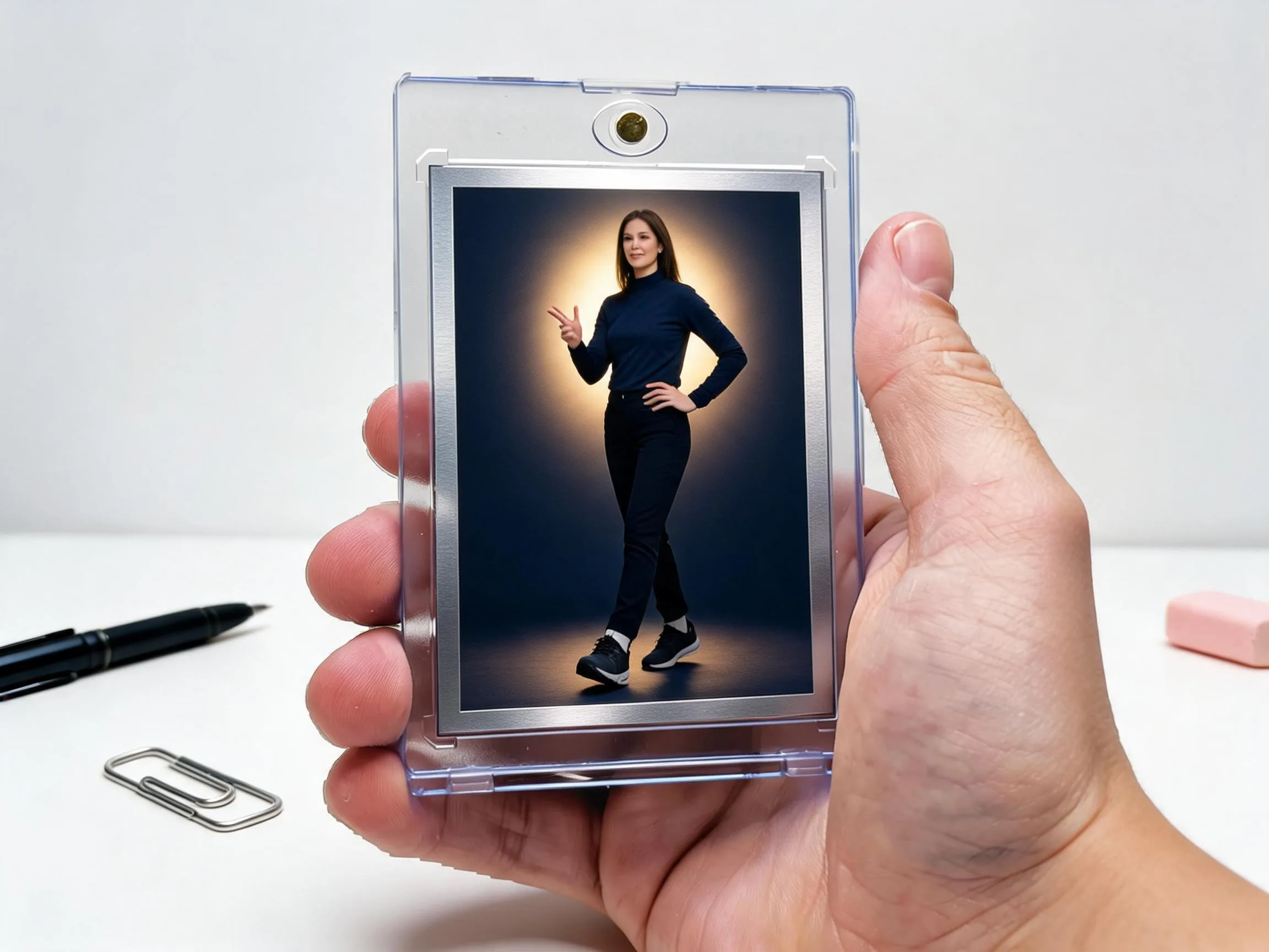 Custom keepsake trading card displayed in a clear magnetic case on tabletop.