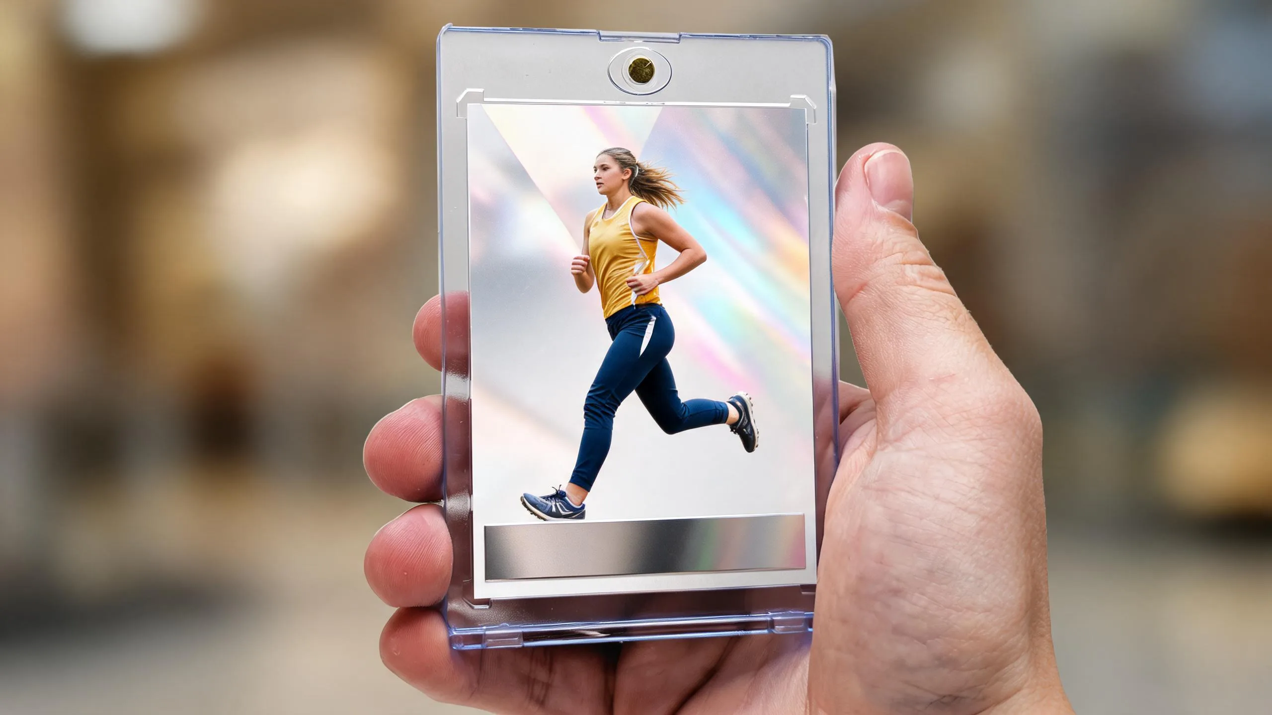 Hand holding magnetic case with athlete card, premium team mom gifts keepsake design.