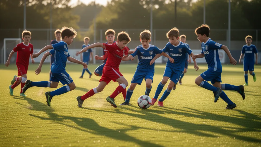 Multiple young soccer players in action during competitive match on grass field under natural sunlight