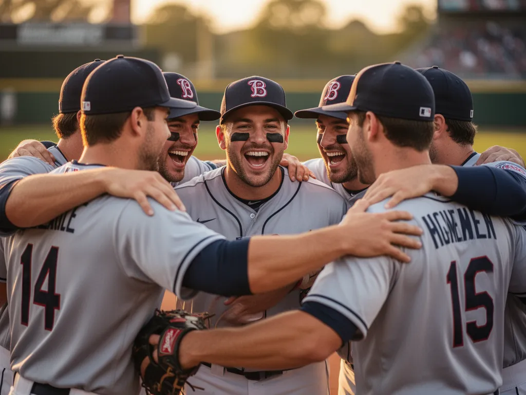 Baseball players huddled together celebrating with arms linked showing team unity and joy