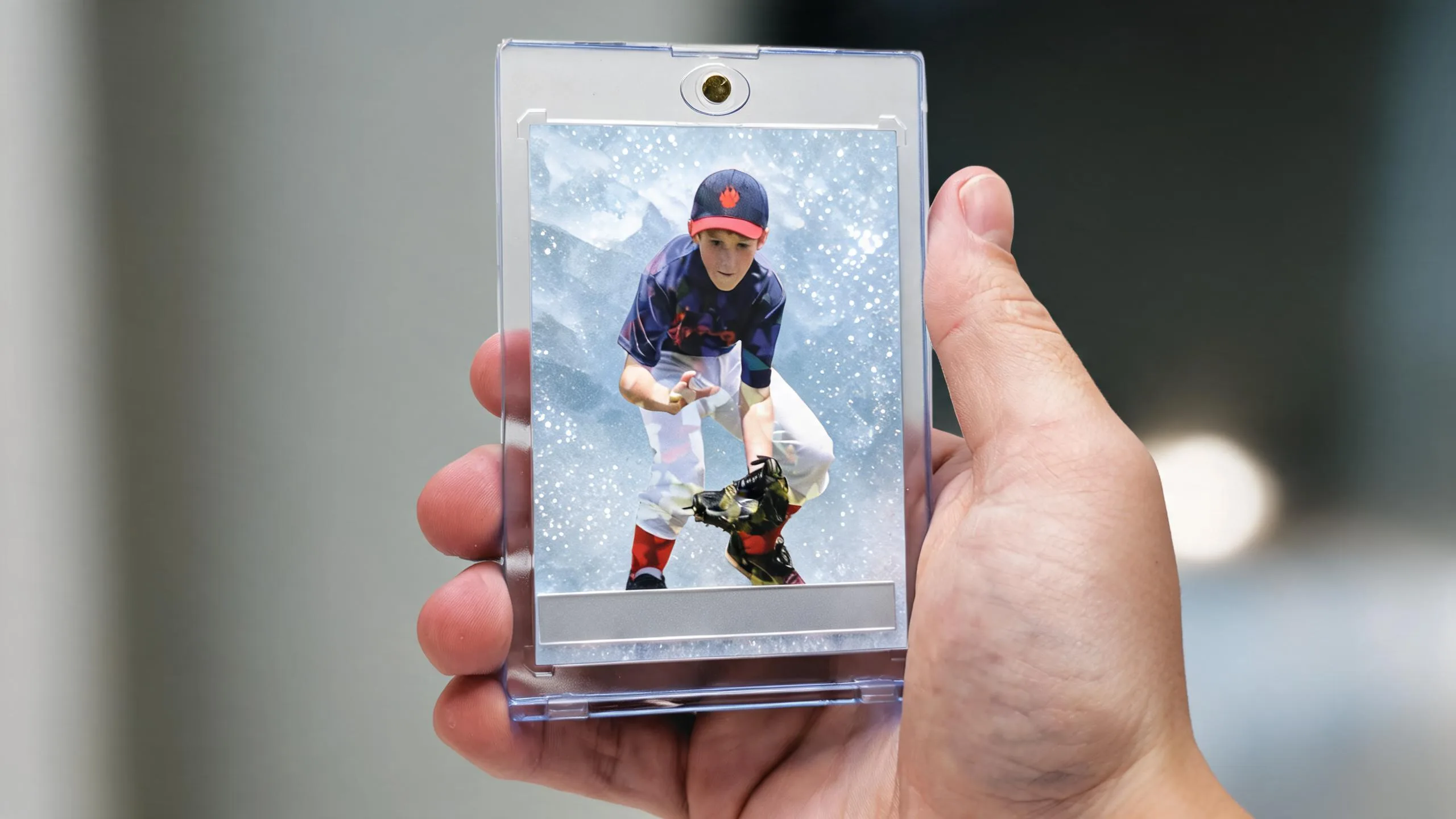 Hand holding magnetic case with athlete card, showcasing telephoto lens for sports photography detail.