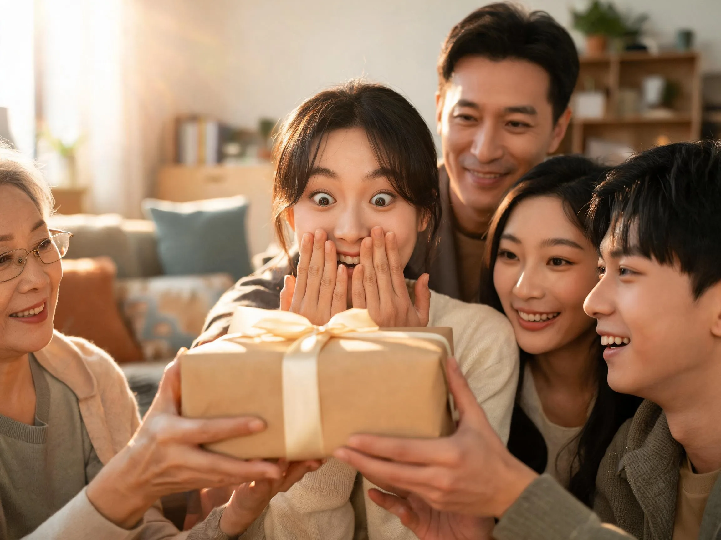 Family member reacting with joyful surprise while receiving an unexpected heartfelt gift indoors.