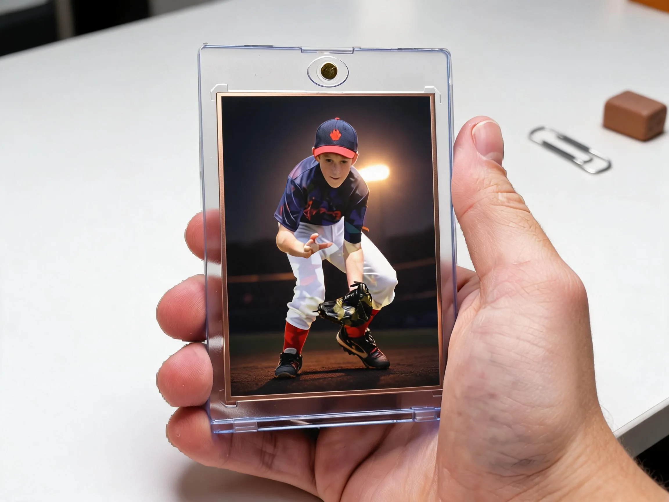 Custom keepsake trading card in magnetic case displayed on a white tabletop.