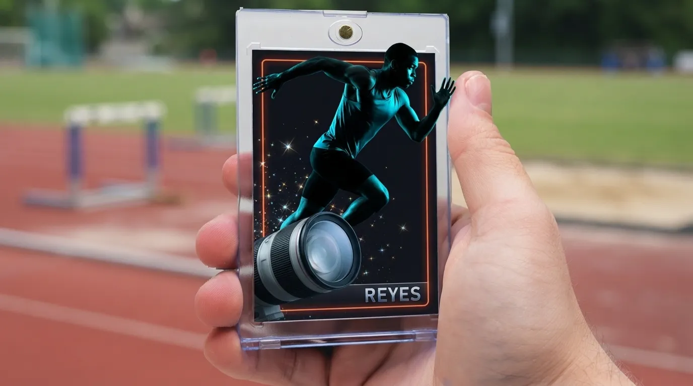 Hand holding magnetic case with dramatic after-dark telephoto lens sports photography trading card inside.