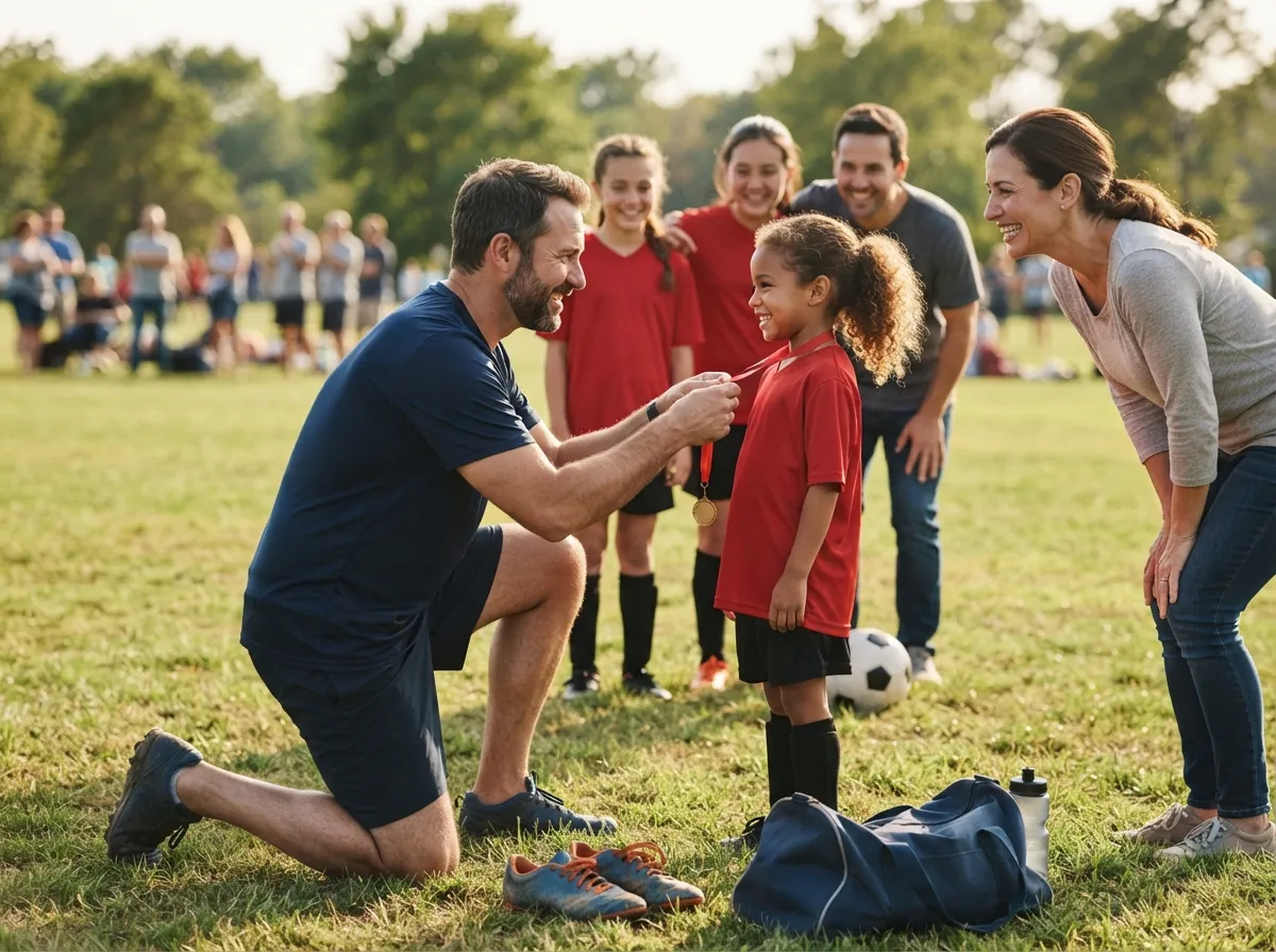 Coach and young athlete share a proud, emotional moment on a sunny sports field.