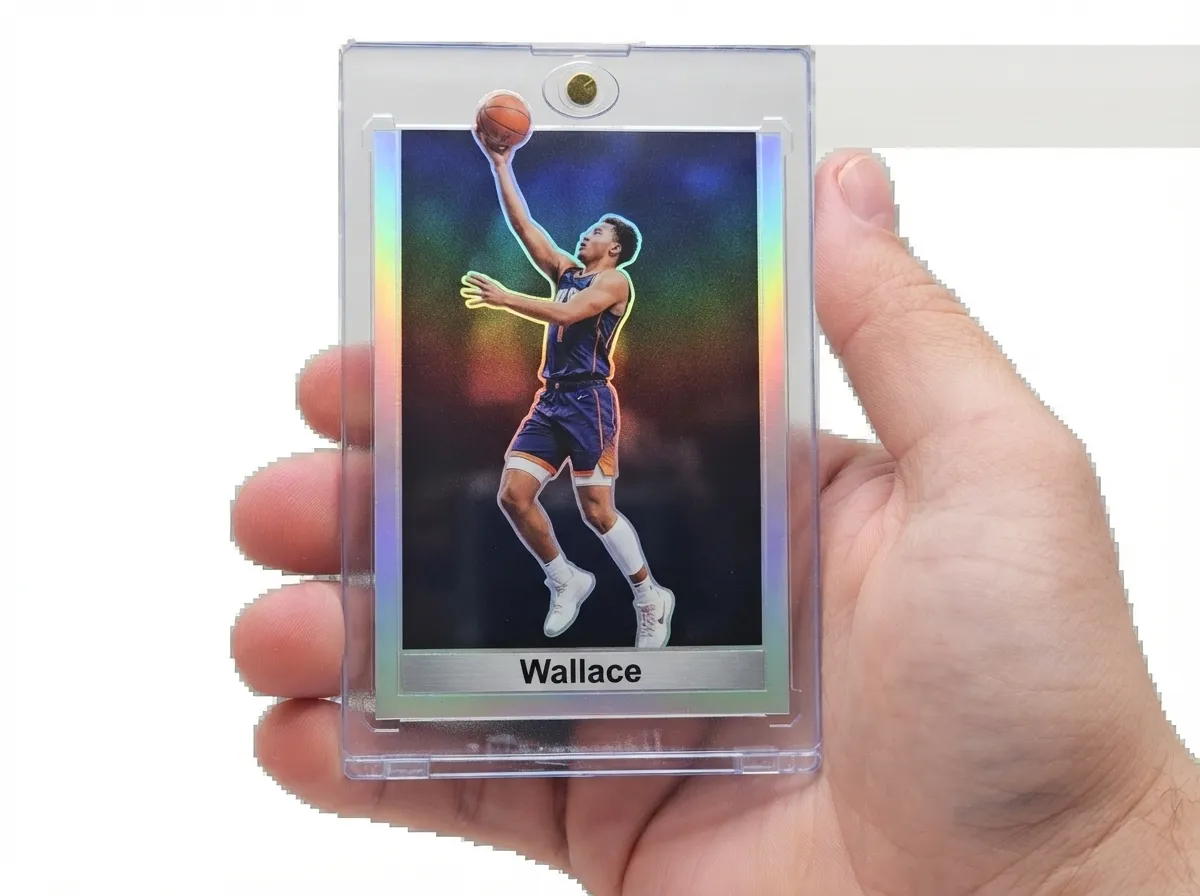Hand holding magnetic case with chrome refractor sports trading card featuring cutout basketball player.
