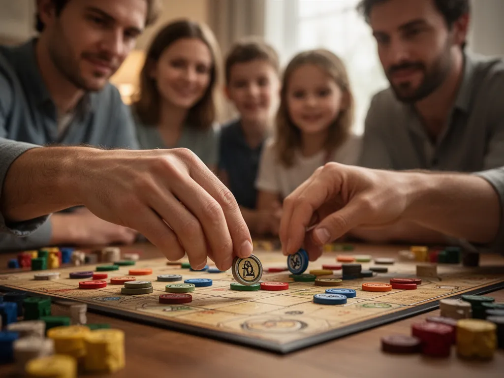 [Close-up of hands strategically placing game pieces with family members watching supportively]