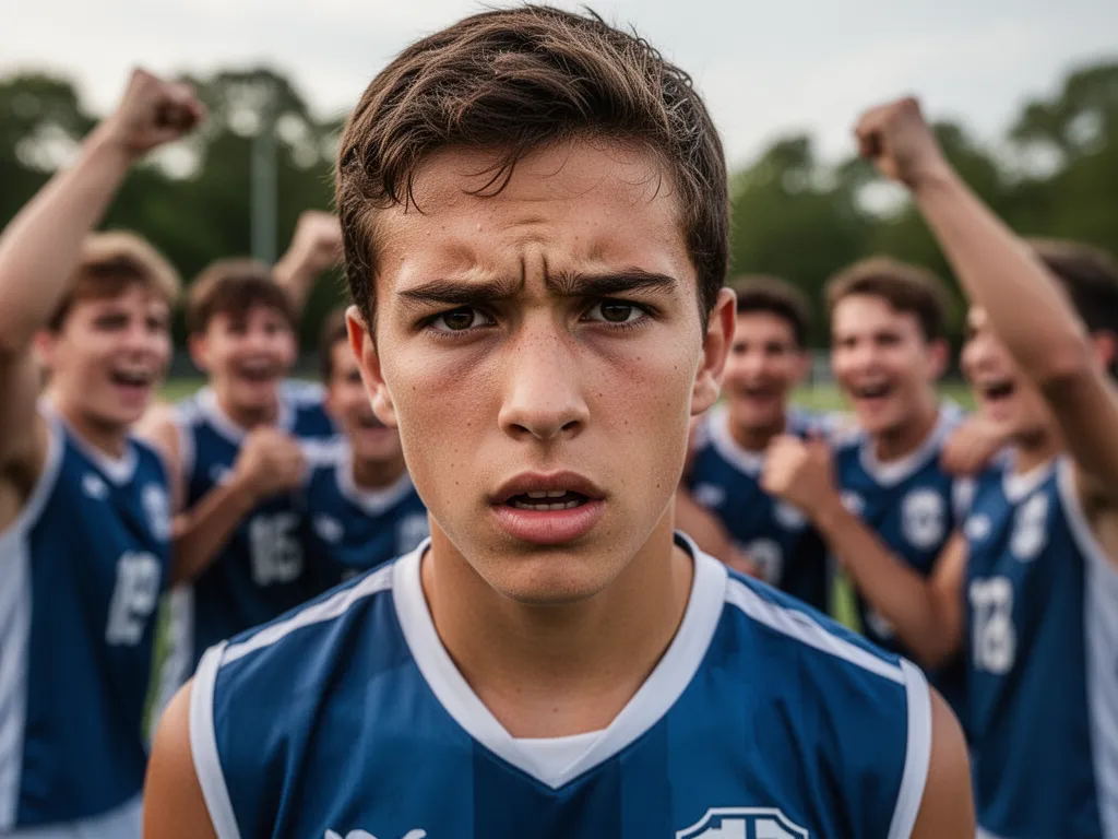 Young athlete's determined face with celebrating teammates visible in soft background