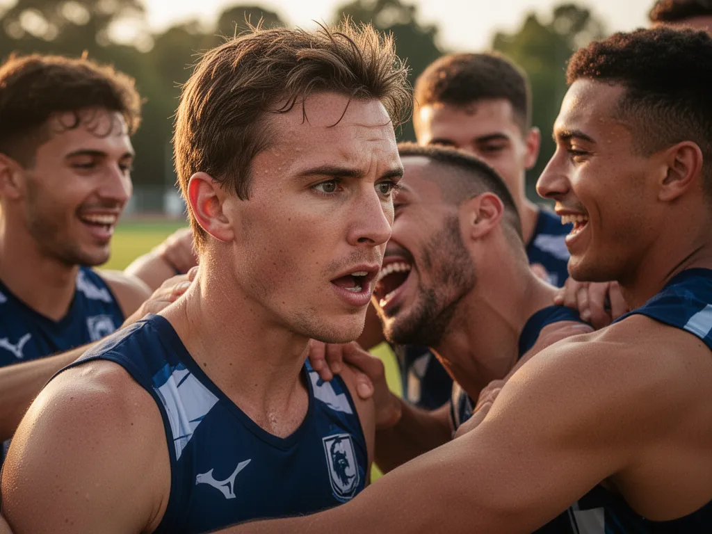 Close-up of focused athlete's face with supportive teammates celebrating together outdoors