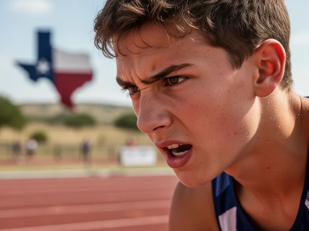 Focused young athlete's concentrated face during Texas sports competition with determination visible