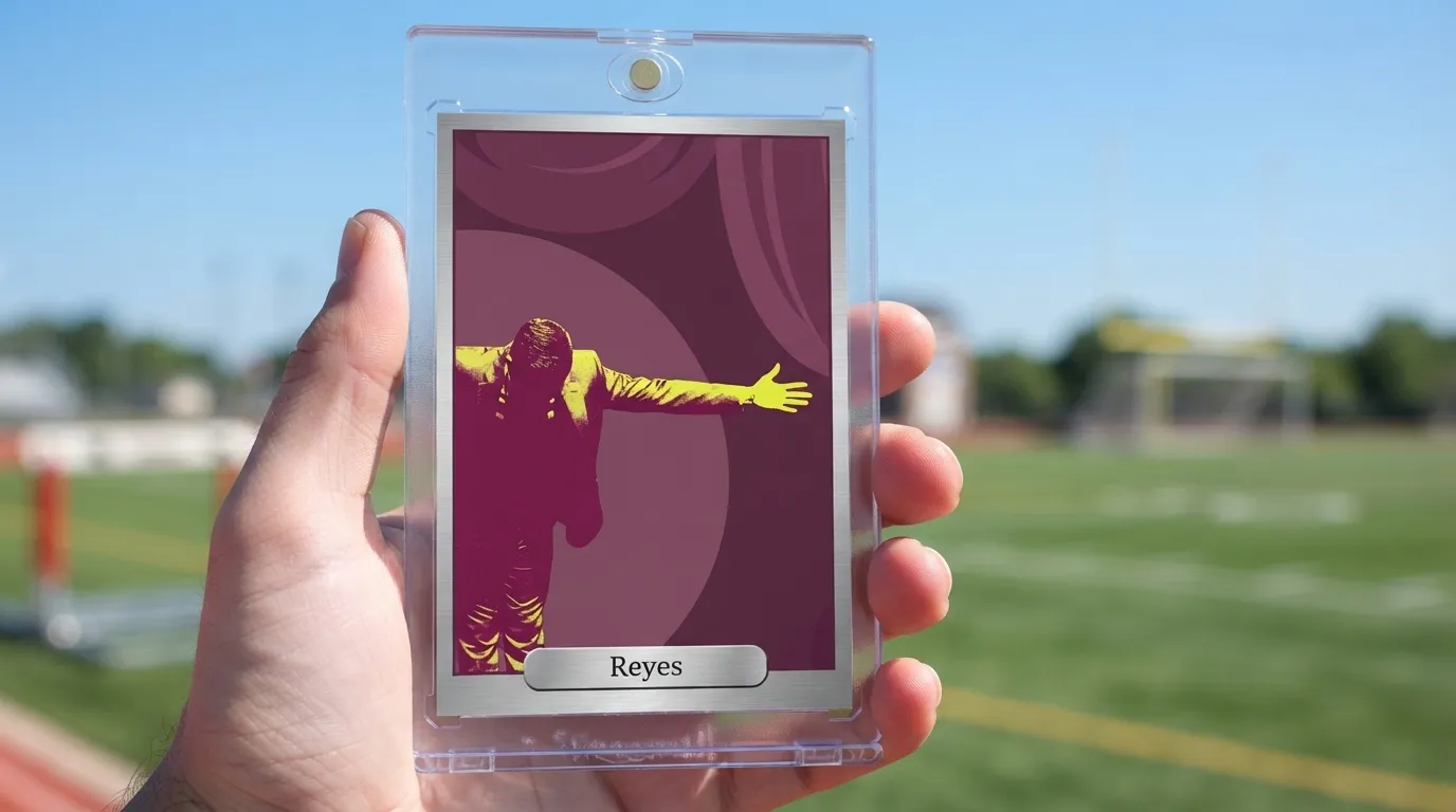 Hand holding magnetic case with duotone theater kid gifts trading card on a sunny field.