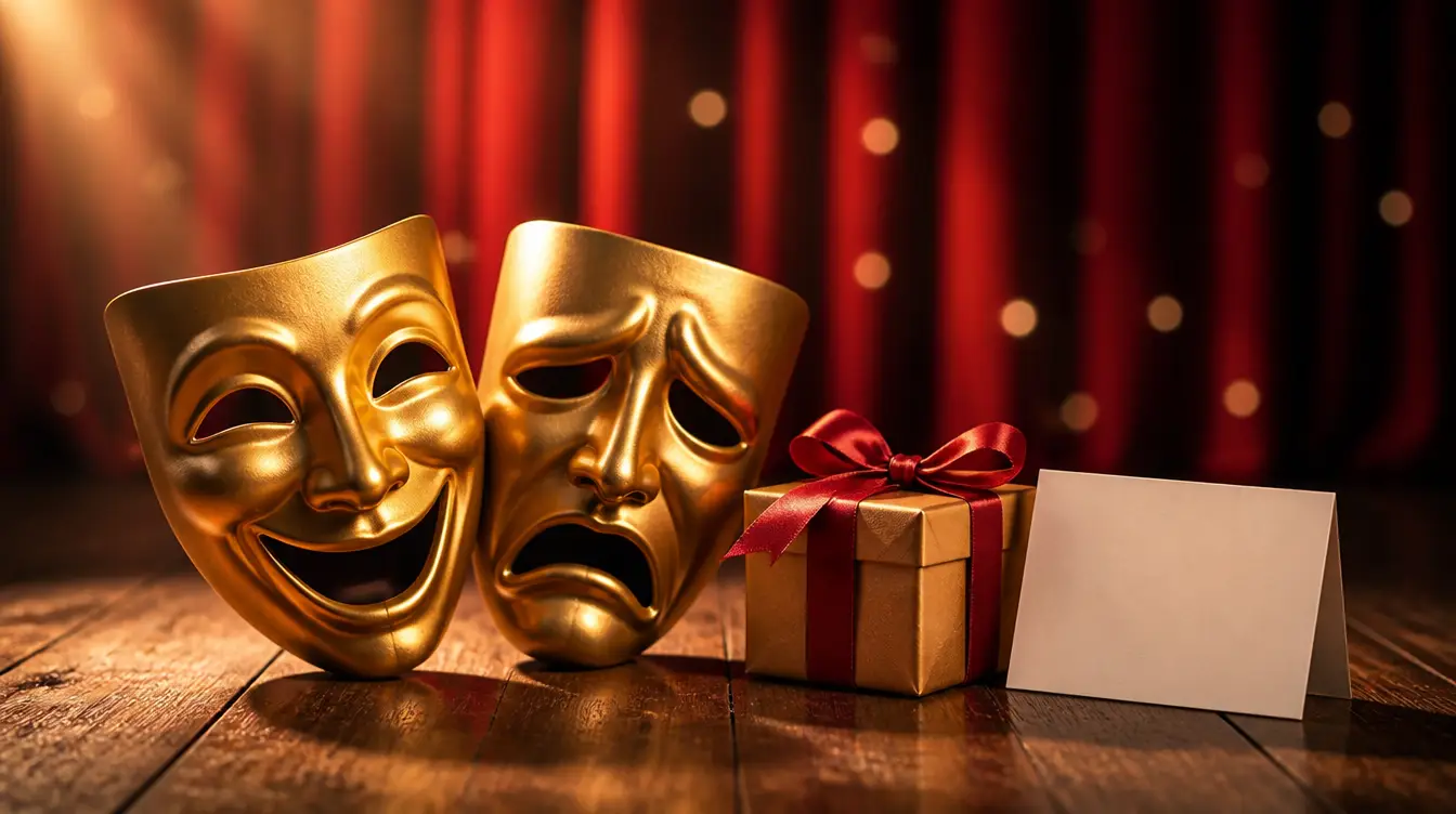 Comedy and tragedy theater masks beside a gift box and blank card on a stage floor