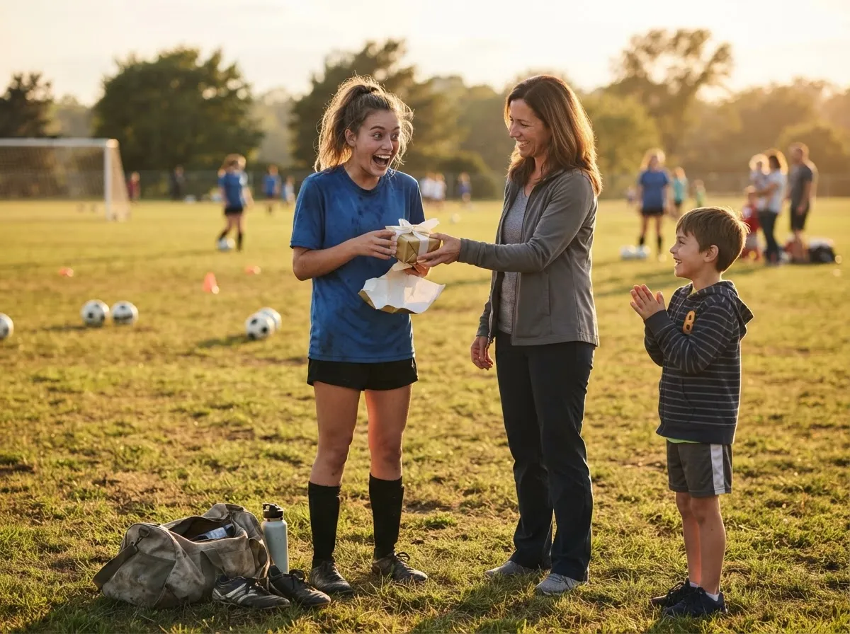Teen athlete on a sunny field laughing in surprise while unwrapping a gift outdoors.