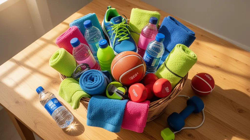 Overhead view of an overflowing sports gift basket filled with colorful athletic equipment and accessories on wooden table.