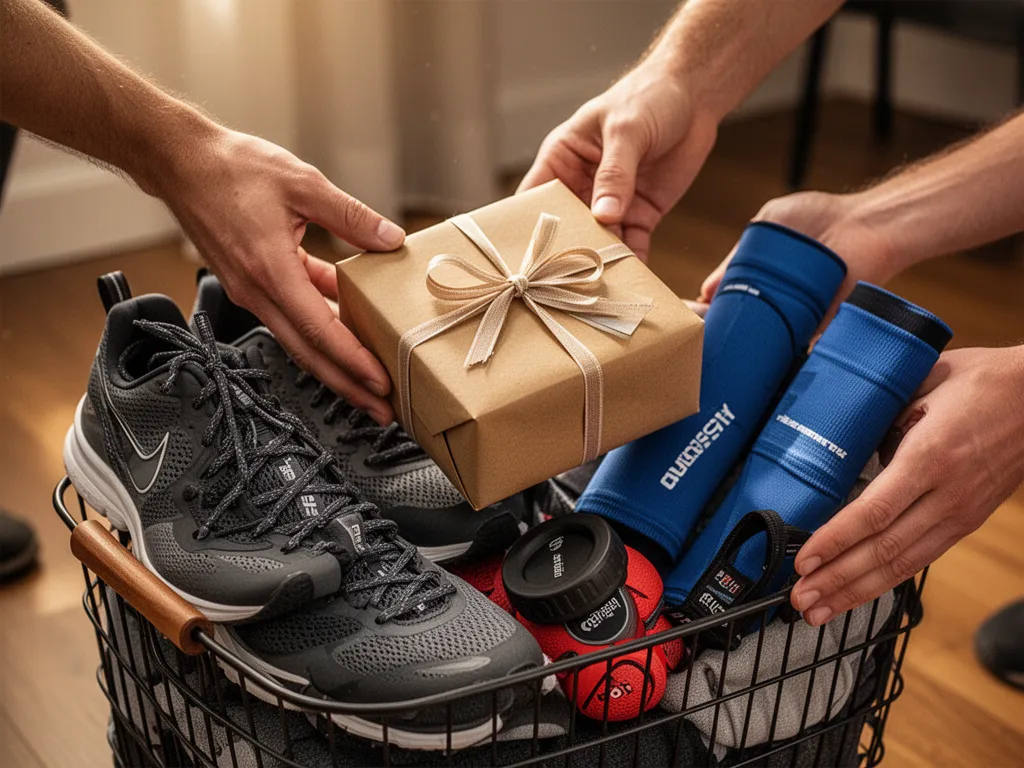 Hands carefully arranging gift items into a well-stocked sports equipment basket with warm indoor lighting.
