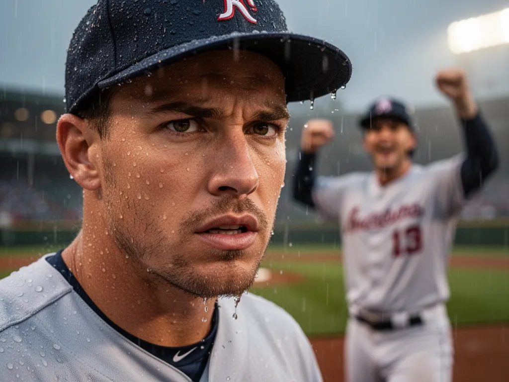 Intense close-up of rain-covered baseball player's face during thunderstorm with celebrating teammate blurred behind