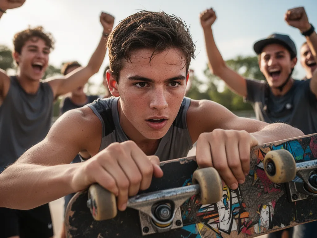 [Close-up of athlete's determined expression holding sports equipment with friends celebrating]