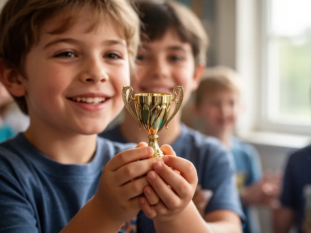 Child's hands carefully holding small trophy with joyful expression during awards presentation