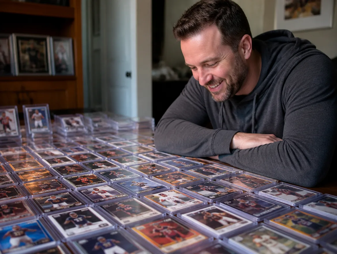 Collector admiring a spread of premium custom sports cards worth buying