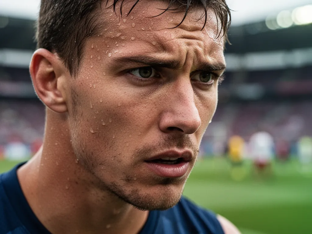 [Close-up of athlete's concentrated face showing determination and intensity during competitive moment]