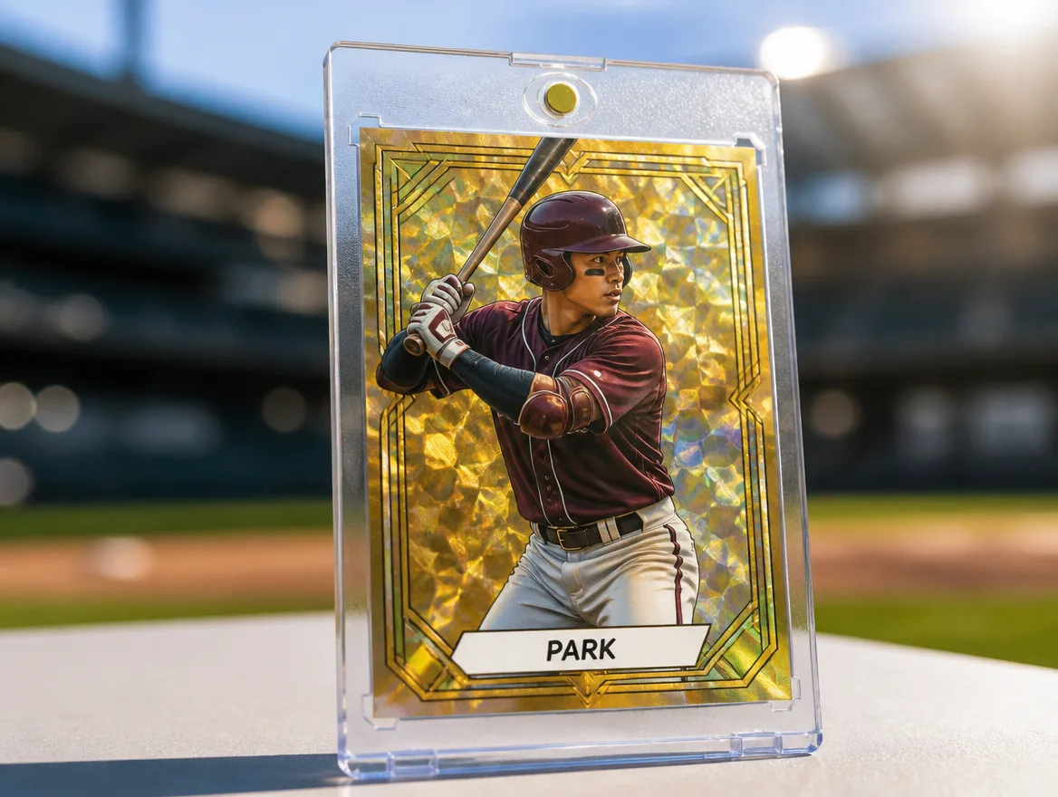 Premium custom sports trading card standing in a clear magnetic case
