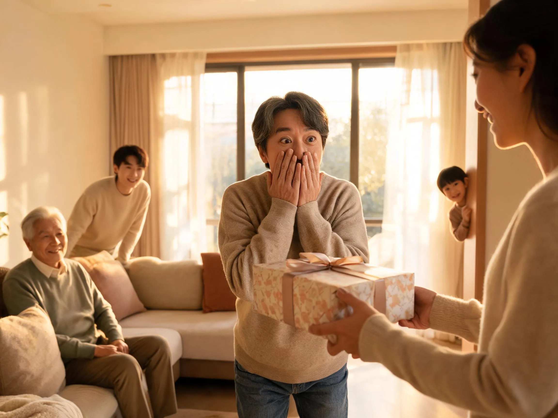 Family member reacts with joyful surprise while receiving an unexpected gift indoors.
