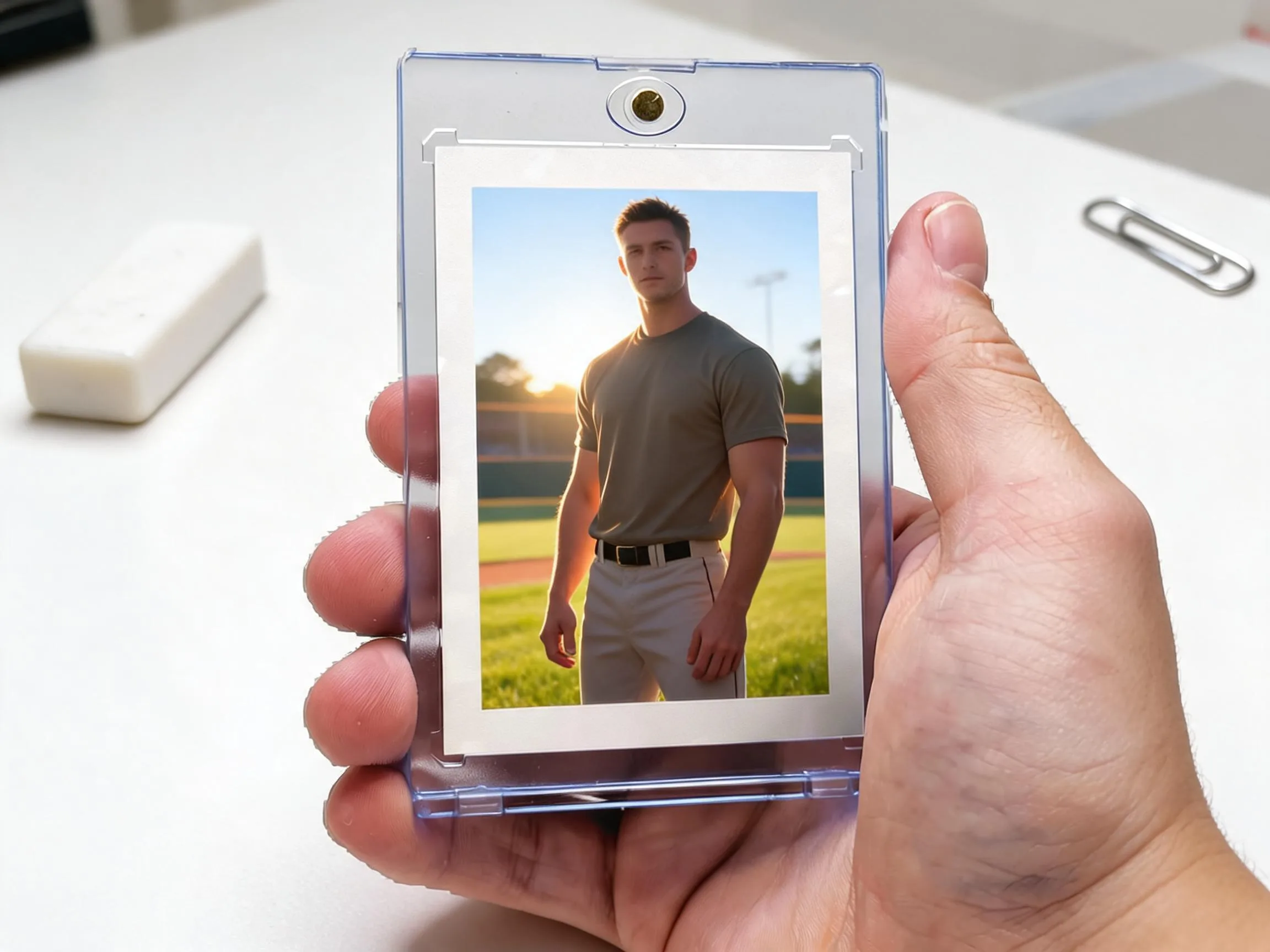 Custom keepsake trading card in a clear magnetic case on white tabletop.