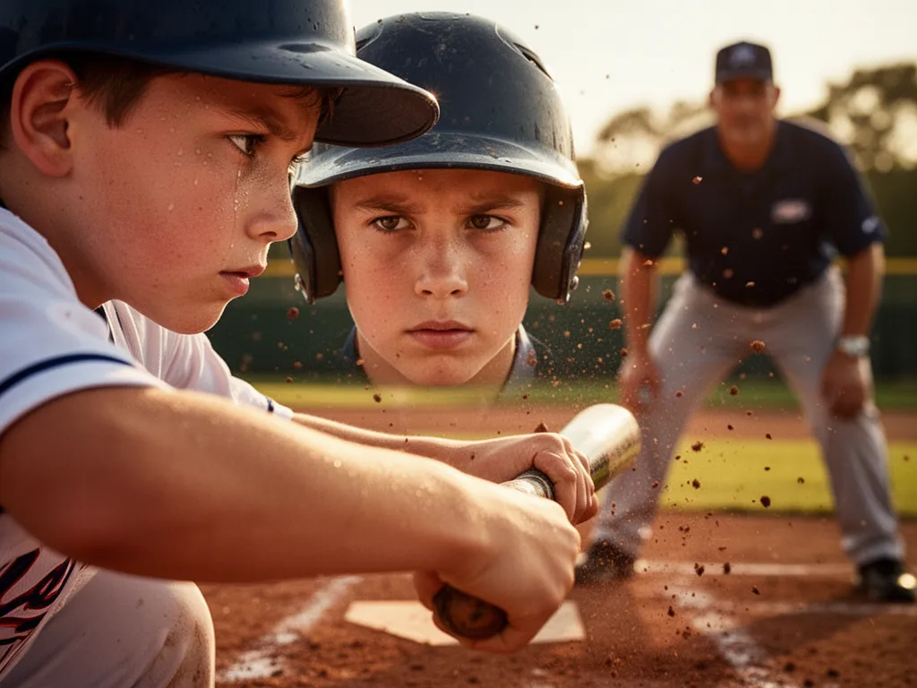 Young baseball player concentrating at bat with intense focused expression during game