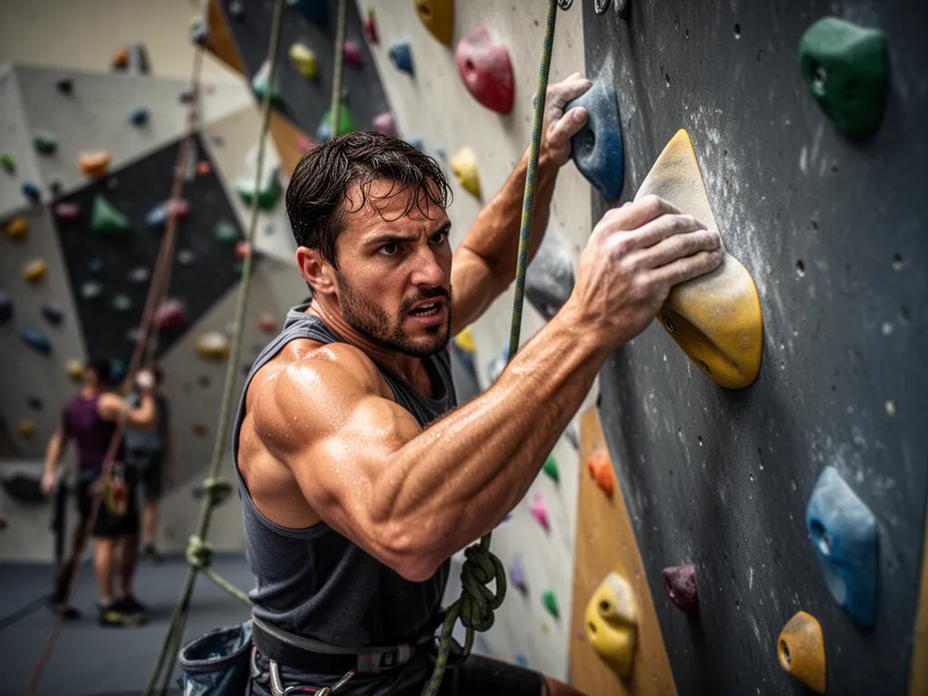 Professional climber with intense expression gripping a climbing wall hold during training session