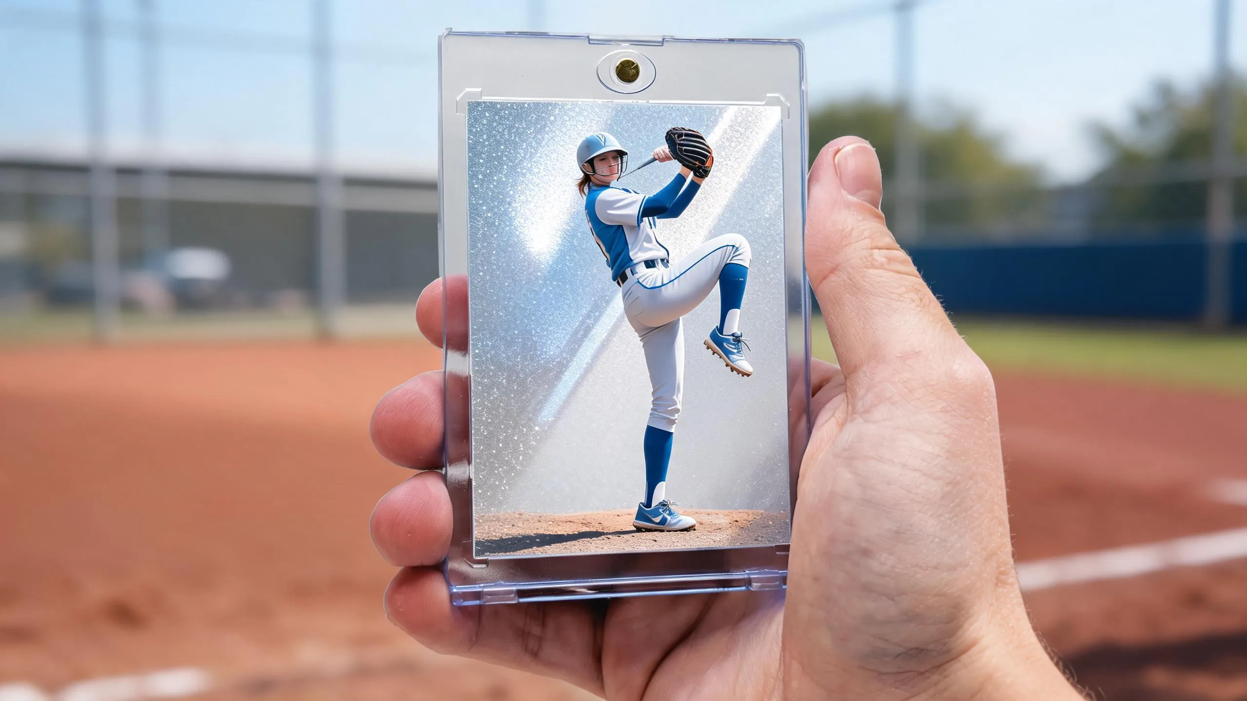 Hand holding magnetic case with top selling baseball cards pitcher design, silver-blue refractor finish.