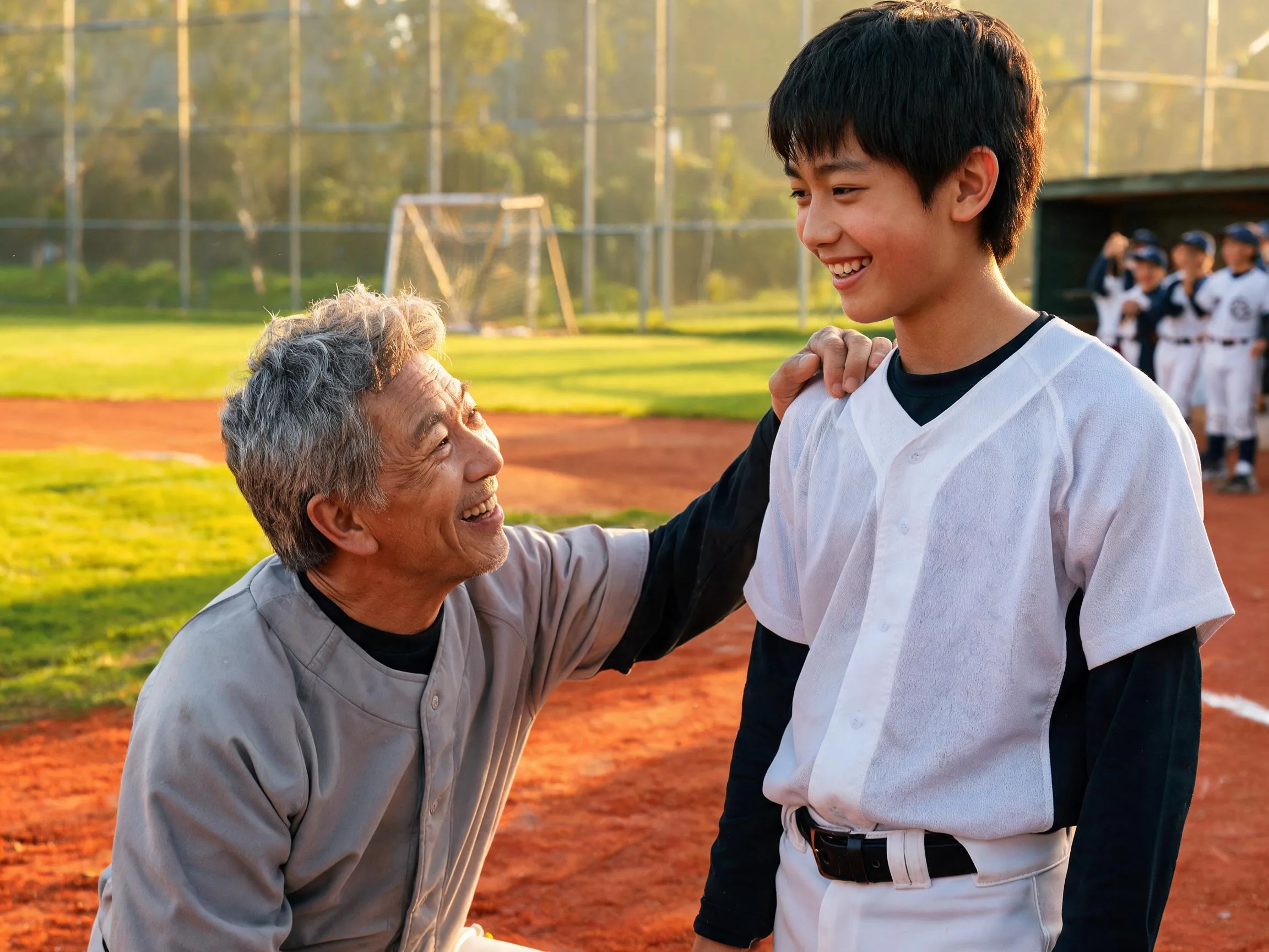 Coach and young athlete share a proud smile on a sunlit baseball diamond.
