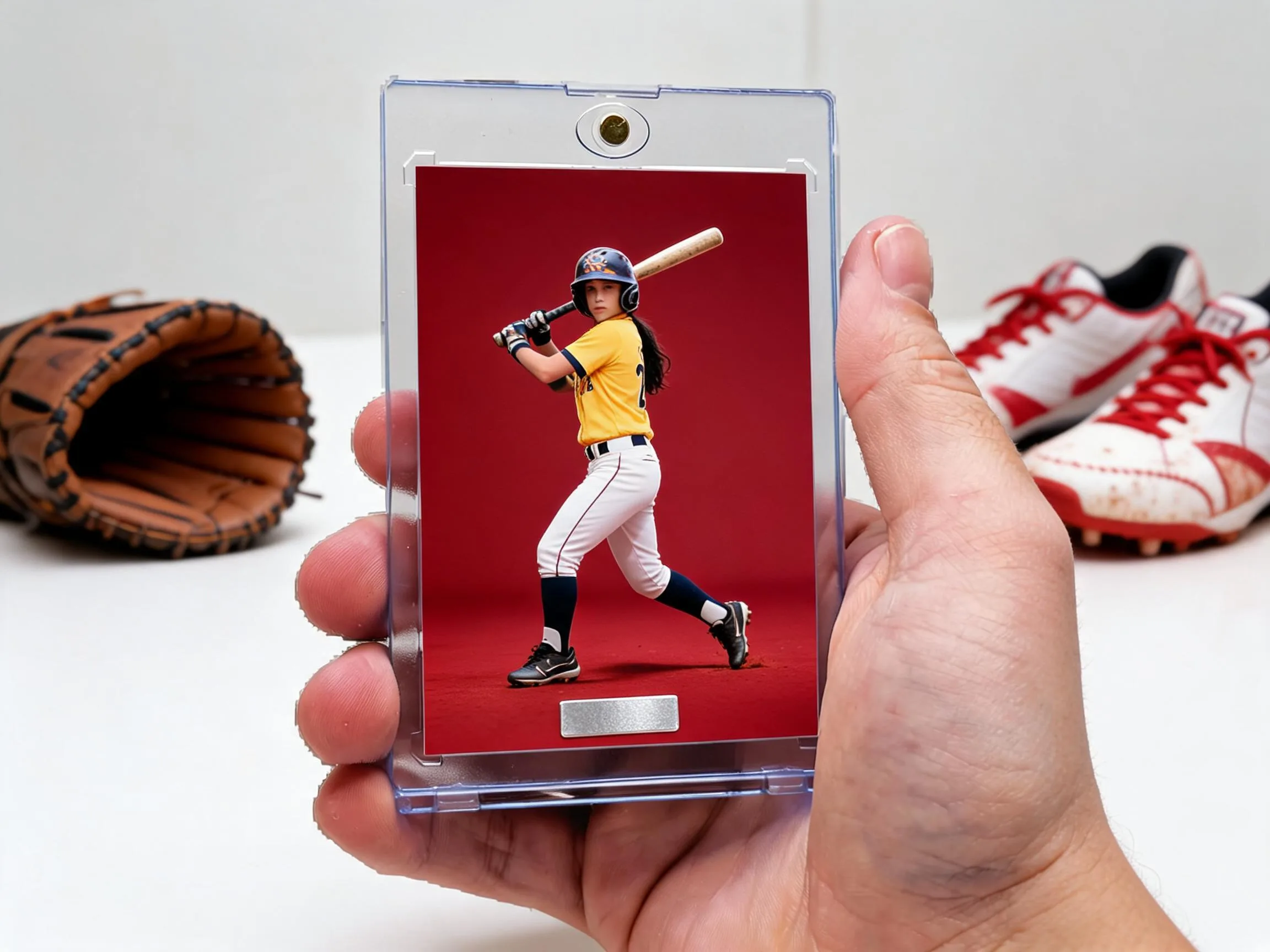 Custom baseball trading card in magnetic case standing on white tabletop display.