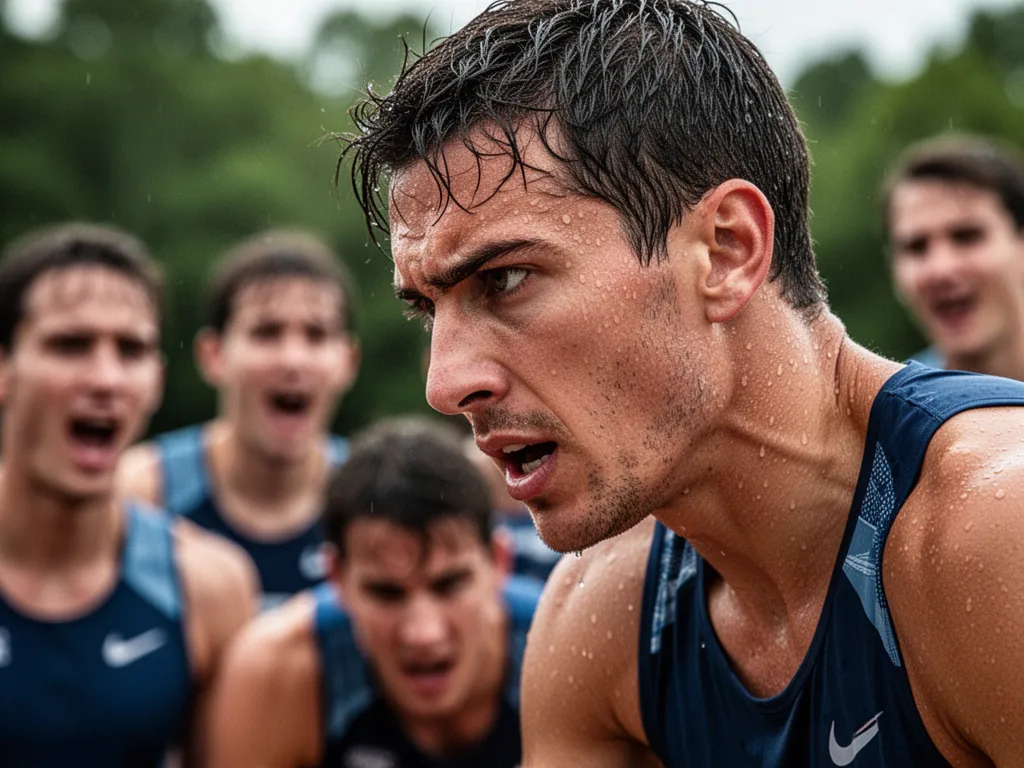 Close-up of athlete's intense focused expression showing emotion and determination during competition