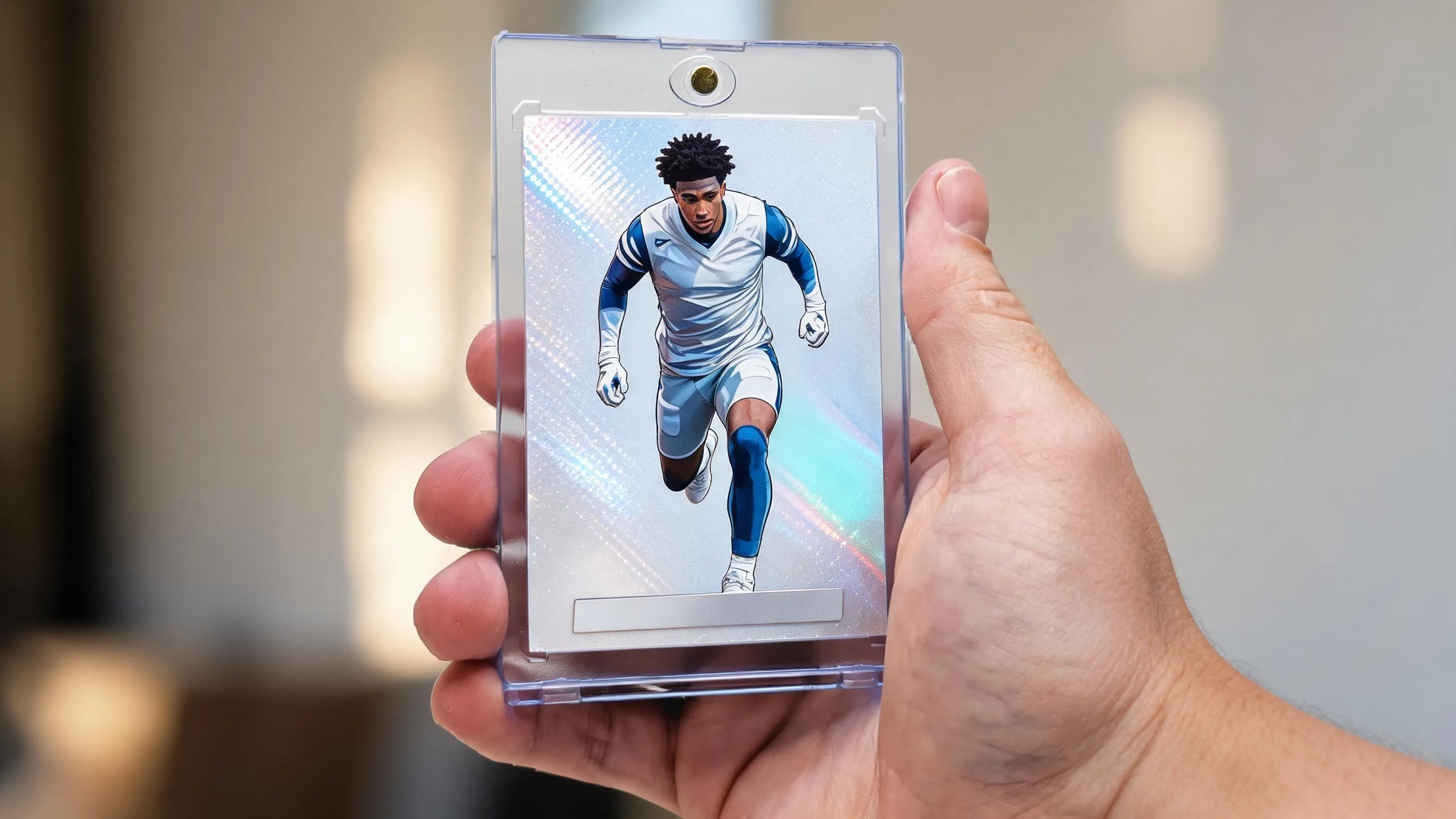 Hand holds a magnetic case with an icy blue-silver top trading cards refractor design.