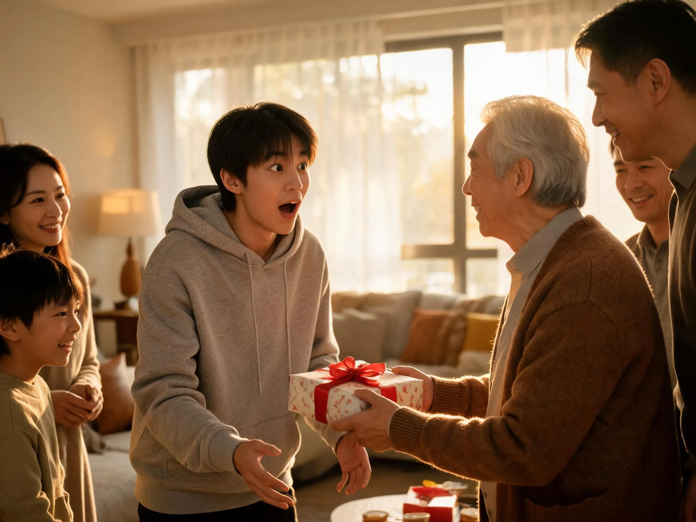 Family member reacts with genuine surprise while receiving an unexpected gift indoors.