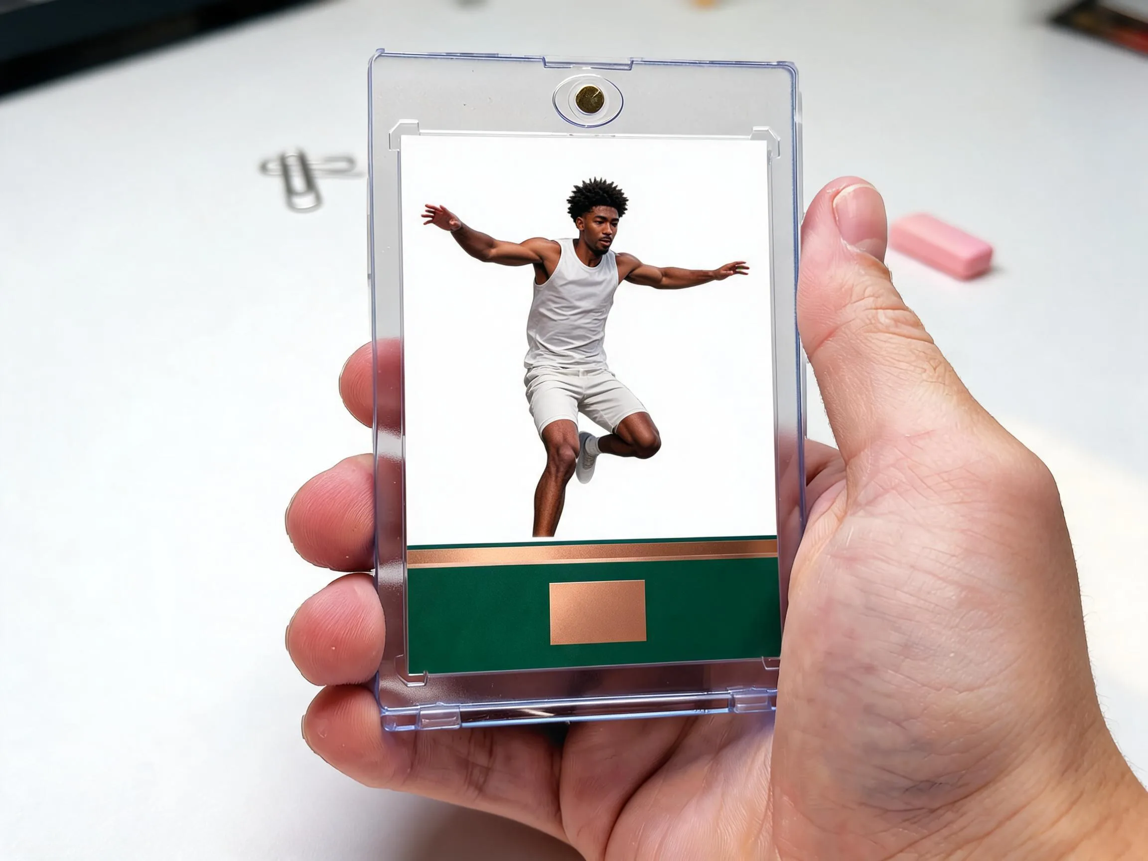 Custom keepsake trading card in a magnetic case with emerald copper retail design.