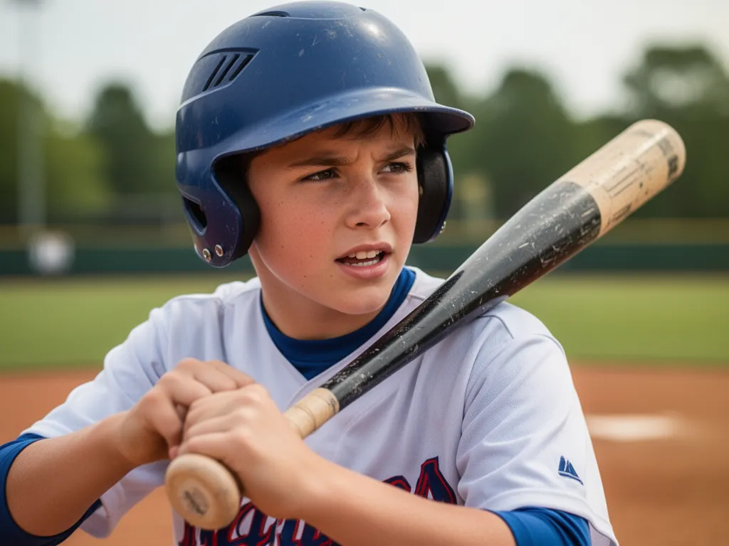 Young baseball player gripping bat with determined expression on outdoor field