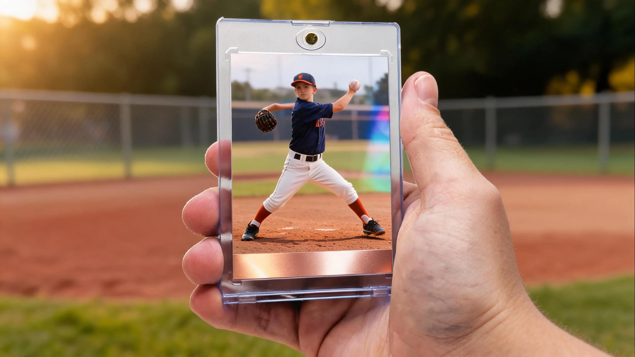 Topps baseball card maker sample: magnetic case held up, pitcher card glowing in golden-hour light.