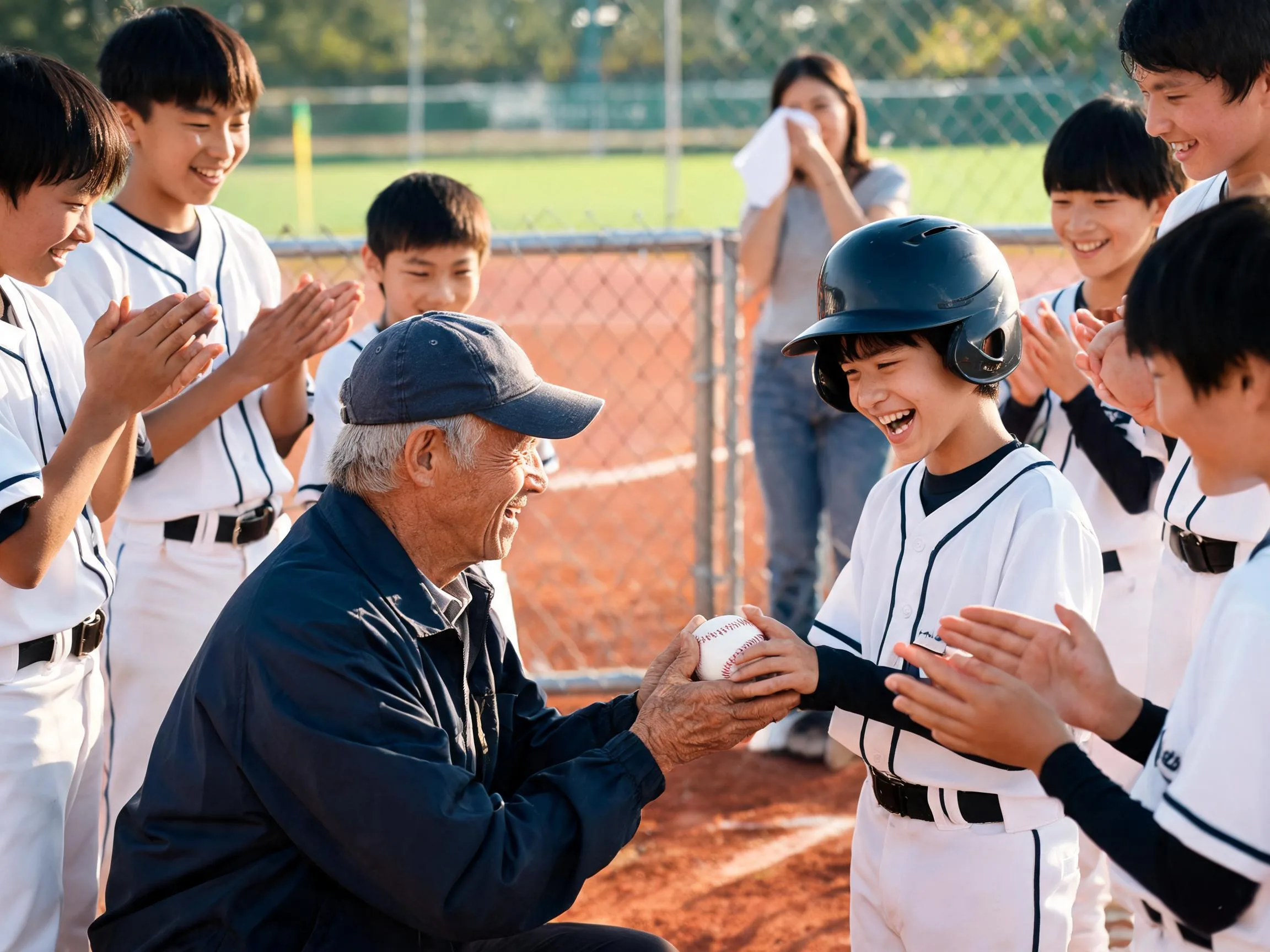 Coach and young baseball player share proud emotional moment on sunlit diamond.