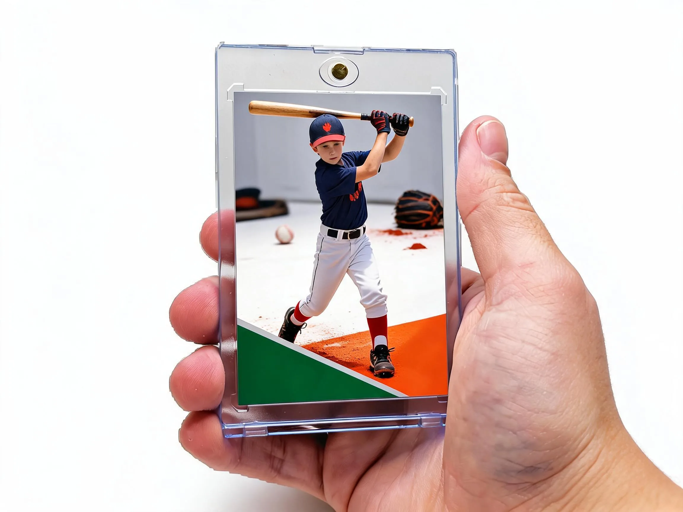 Custom baseball trading card in clear magnetic case with diagonal metallic color band.