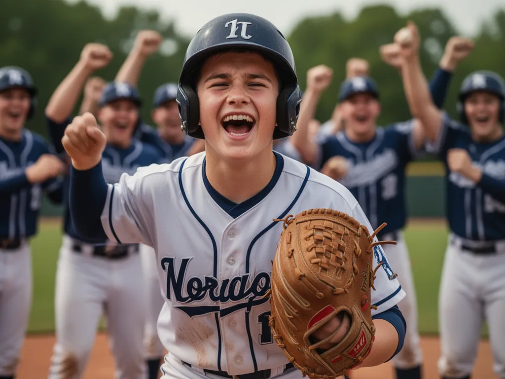 Young baseball player celebrating with genuine emotion after successful hit during game