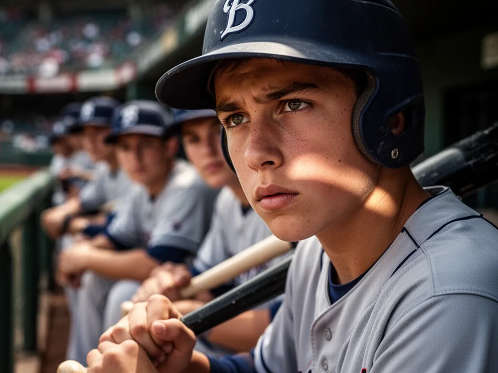 Young baseball player in dugout with focused expression holding bat, teammates visible in background