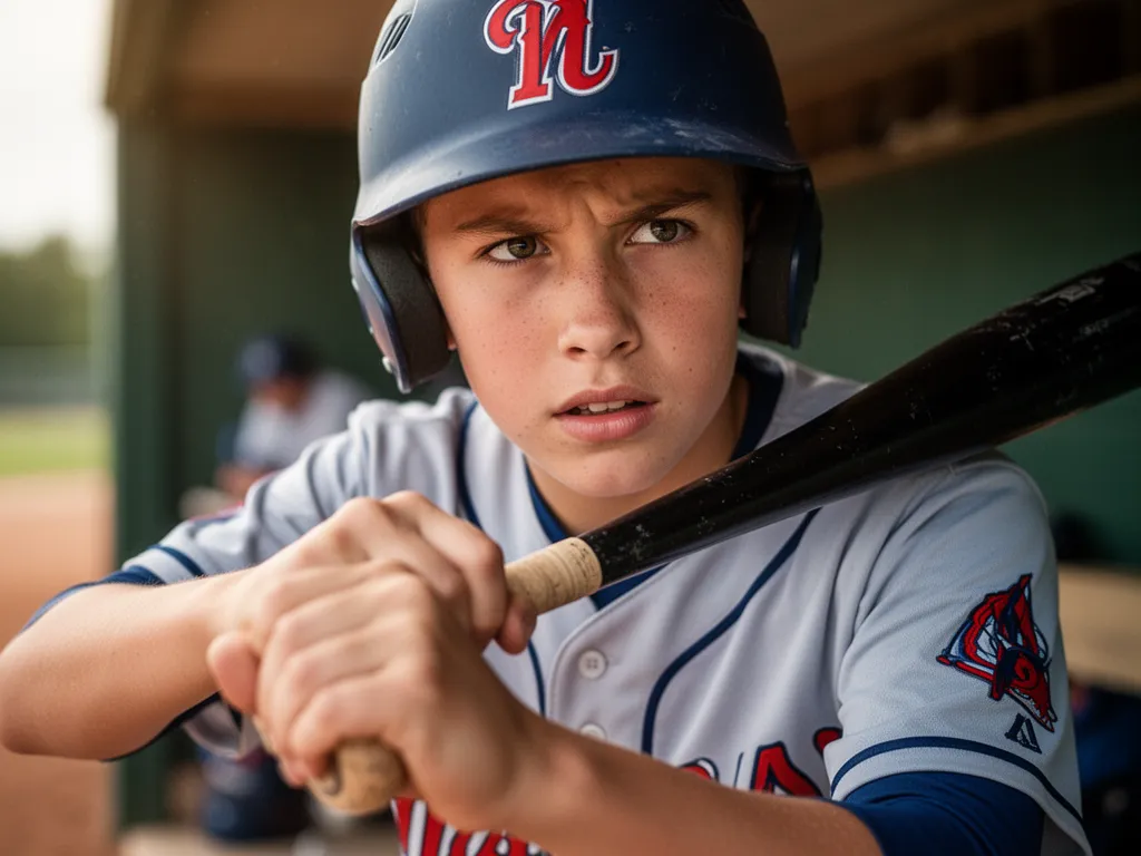 Young baseball player's concentrated face holding bat in dugout wearing team uniform