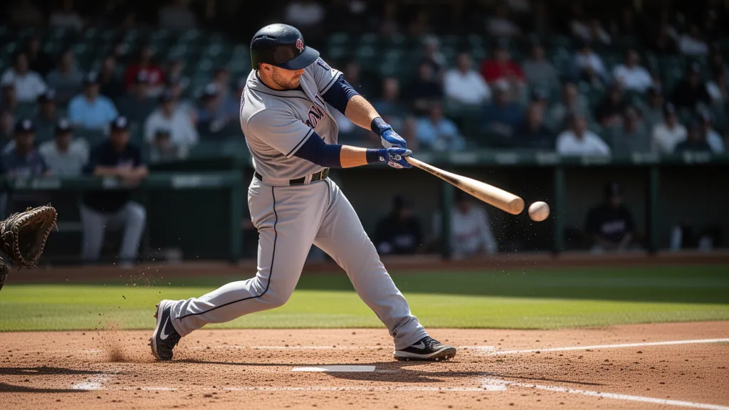 Baseball player mid-swing connecting bat with pitch during daytime game with stadium background